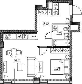 2-комн., 43.5 м², 2/22 этаж, ЖК «Веер»