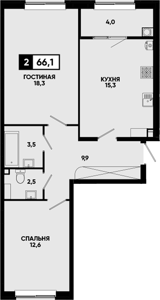 2-комн., 62.1 м², 2/12 этаж, ЖК «Кварталы 17/77»
