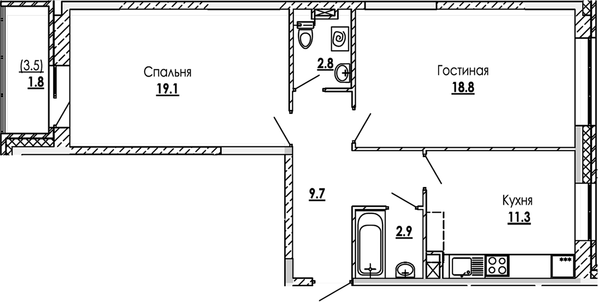 2-комн., 64.6 м², 1/12 этаж, ЖК «Малиново»
