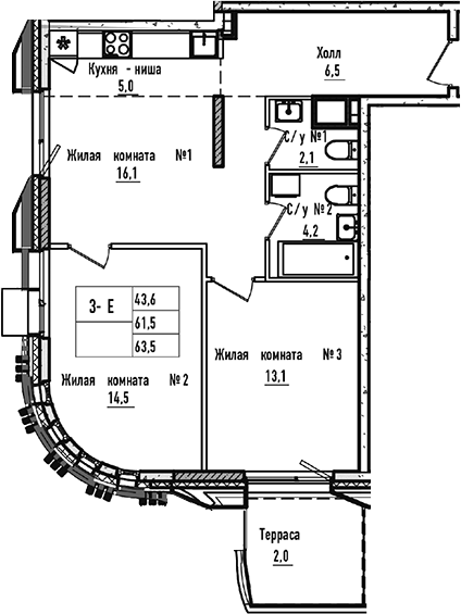 3-комн., 61.5 м², 2/17 этаж, ЖК «УНО.Соколиная гора»