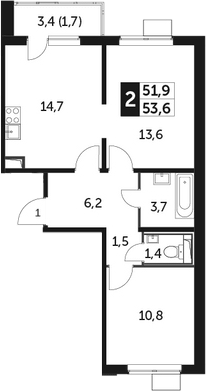 2-комн., 51.9 м², 22/23 этаж, ЖК «Южная Битца»