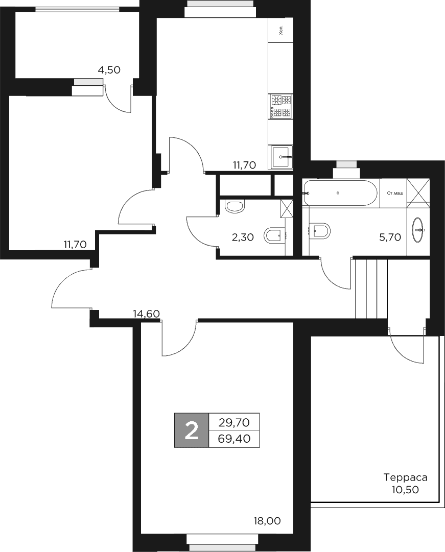 2-комн., 64 м², 9/17 этаж, ЖК «Восток 2»