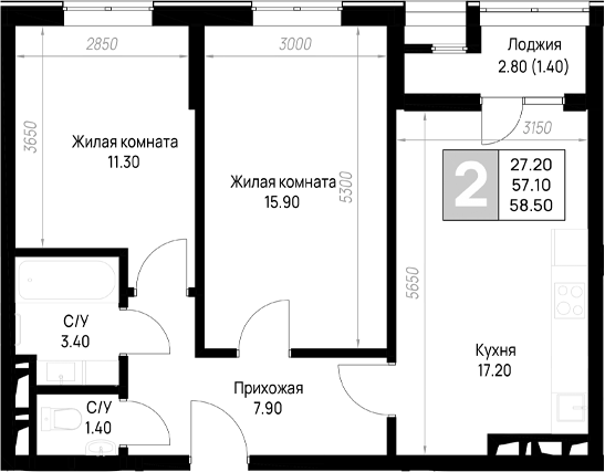 2-комн., 57.2 м², 6/9 этаж, ЖК «На высоком берегу»