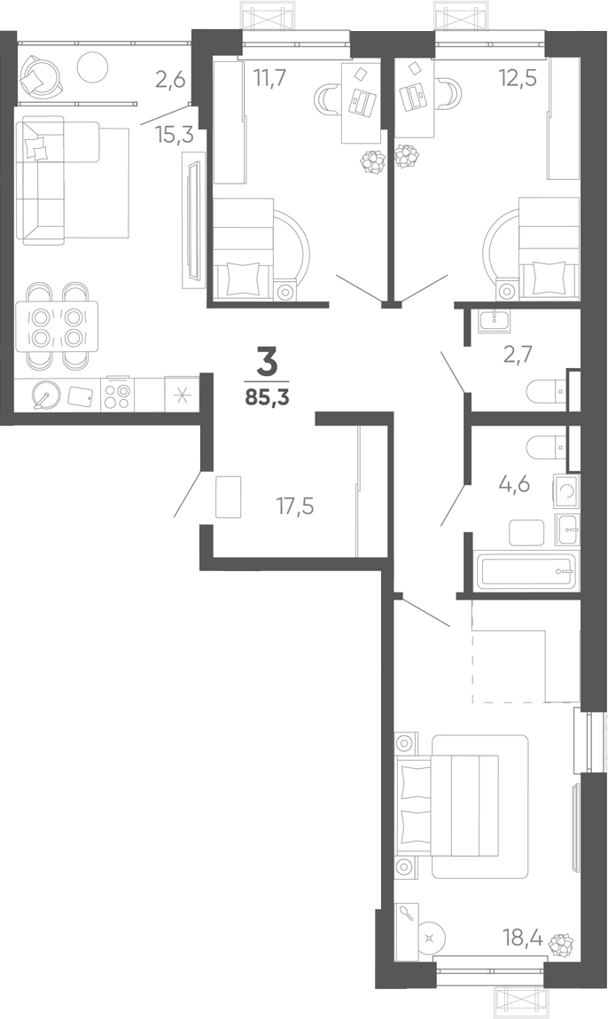 3-комн. квартира, 82.7 м² в ЖК Барса — фото 2