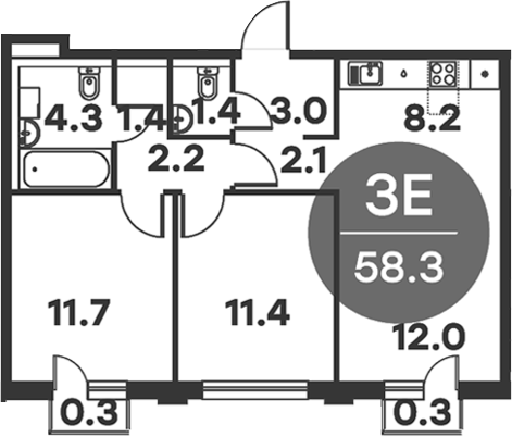 3-комн., 57.7 м², 6/6 этаж, ЖК «Равновесие»