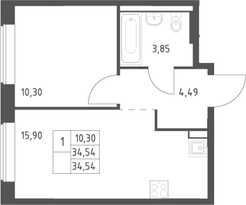 2-комн., 34.54 м², 2/12 этаж, ЖК «Большое Юрлово»