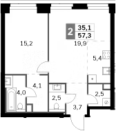 2-комн., 57.3 м², 15/47 этаж, ЖК «Амбер Сити»