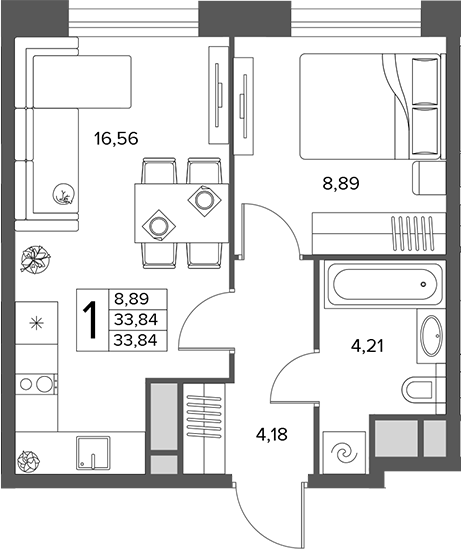 2-комн., 33.84 м², 5/16 этаж, ЖК «Городской бор»
