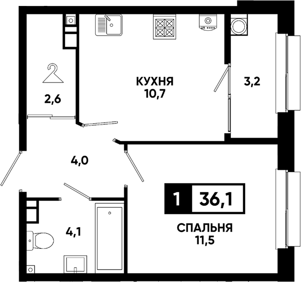 1-комн., 32.9 м², 7/8 этаж, ЖК «Кварталы 17/77»