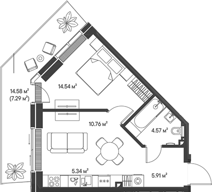 2-комн., 41.12 м², 10/47 этаж, ЖК «Джойс»