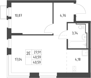 2-комн., 40.59 м², 7/17 этаж, ЖК «Новое Видное»
