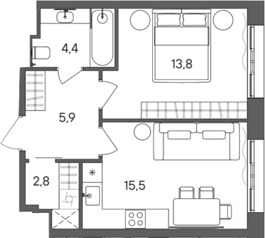 1-комн., 42.4 м², 17/28 этаж, ЖК «СТОУН Сокольники»