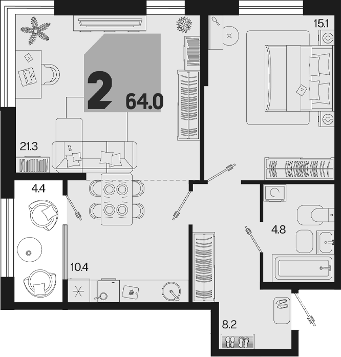 2-комн., 59.8 м², 2/18 этаж, ЖК «Первое место» — фото 2