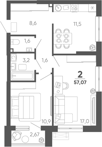 2-комн. квартира, 54.4 м² в ЖК Барса — фото 2