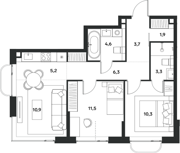 3-комн., 57.7 м², 7/18 этаж, ЖК «АЛИА»