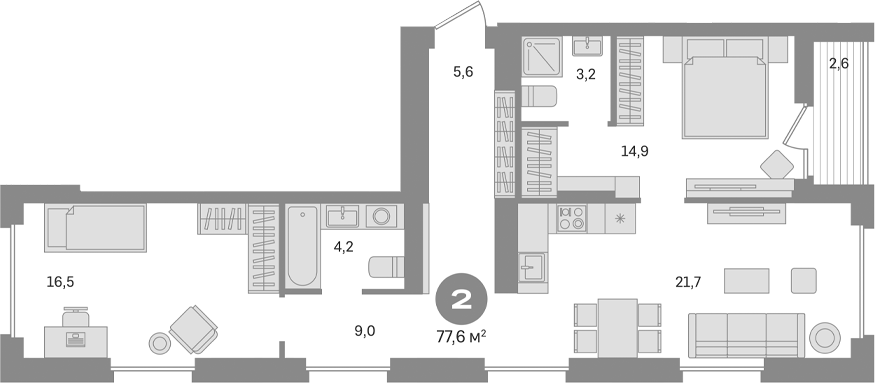 2-комн., 75 м², 13/17 этаж, ЖК «Первый квартал. Вторая очередь»