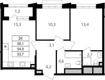 2-комн., 54.8 м², 14/15 этаж, ЖК «Михалковский»