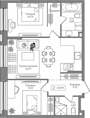 3-комн., 65.9 м², 12/15 этаж, ЖК «Преображенская площадь»