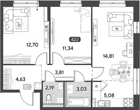 3-комн., 57.59 м², 6/21 этаж, ЖК «Космопарк»