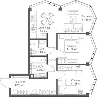 3-комн., 64.11 м², 22/24 этаж, ЖК «МИРА»
