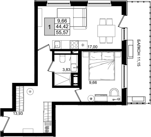 2-комн., 43.08 м², 6/8 этаж, ЖК «IT гостиничный комплекс Корсаков»
