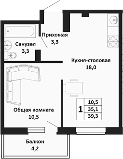 2-комн. квартира, 35.1 м² в ЖК Южные Соседи — фото 2