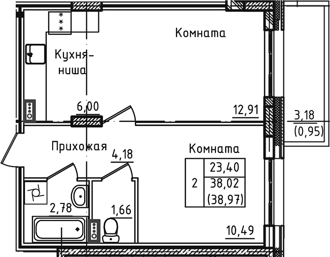 2-комн., 38.02 м², 1/5 этаж, ЖК «Зеленый город»