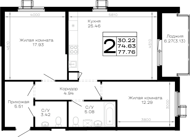 2-комн., 74.63 м², 2/4 этаж, ЖК «Усадьба Гостагаевская»