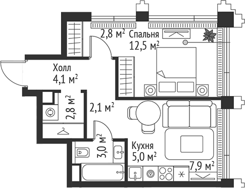 2-комн., 40.2 м², 36/45 этаж, ЖК «СЕТ»