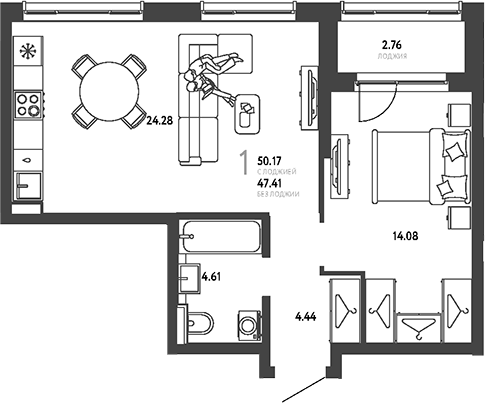 1-комн., 47.41 м², 15/19 этаж, ЖК «Страна.Парковая»