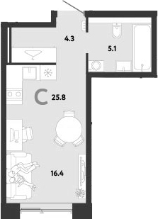 Студия, 25.8 м², 27/38 этаж, ЖК «Страна.Заречная»