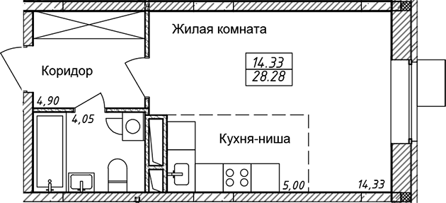 Студия, 28.28 м², 7/8 этаж, ЖК «Солнечный»
