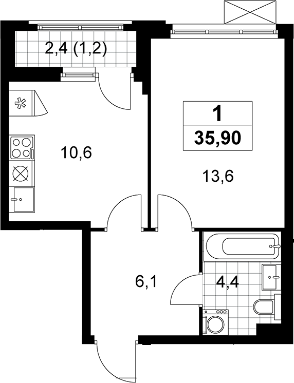 1-комн., 34.7 м², 6/10 этаж, ЖК «Прокшино»