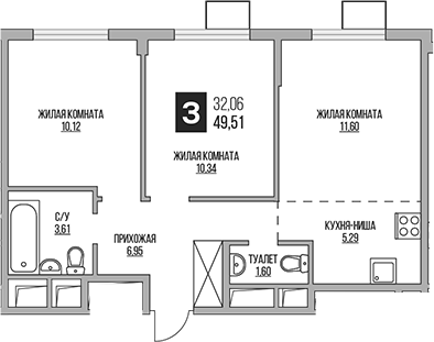 3-комн., 49.51 м², 13/14 этаж, ЖК «Гранель Аникеевский»