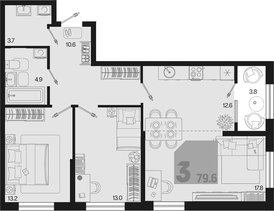 3-комн. квартира, 75.8 м² в ЖК Первое место — фото 2