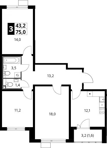 3-комн., 74.4 м², 5/20 этаж, ЖК «Южная Битца»