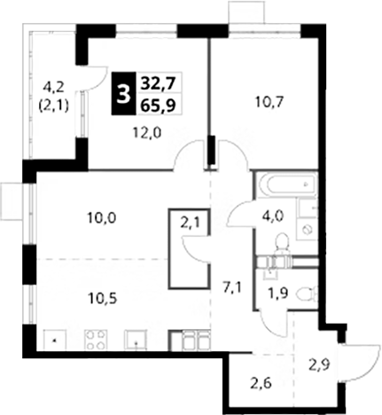 3-комн., 63.8 м², 25/25 этаж, ЖК «1-й Саларьевский»