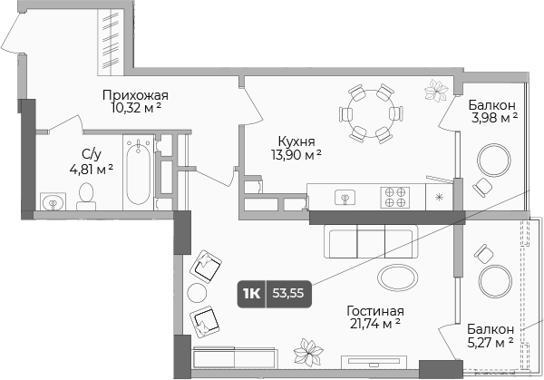 1-комн. квартира, 51.41 м² в ЖК Золотой берег. СЗ Среда — фото 2
