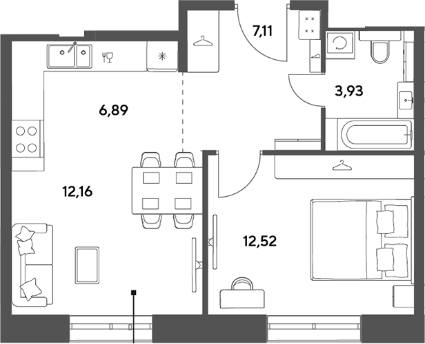 2-комн., 42.61 м², 8/9 этаж, ЖК «Публицист»