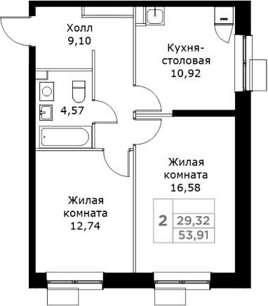 2-комн., 53.91 м², 25/25 этаж, ЖК «КИТ»