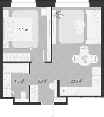 2-комн., 43.3 м², 4/18 этаж, ЖК «Гранд Комфорт»