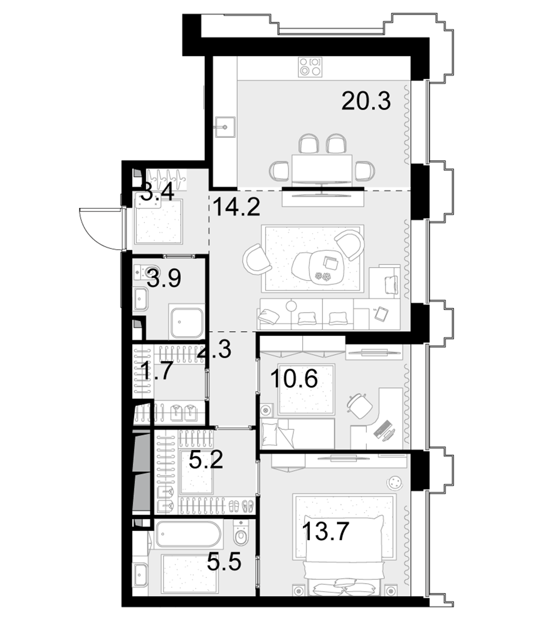 3-комн., 80.8 м², 8/28 этаж, ЖК «Высотка на Жукова»