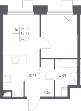 2-комн., 34.39 м², 16/23 этаж, ЖК «Тропарево Парк»