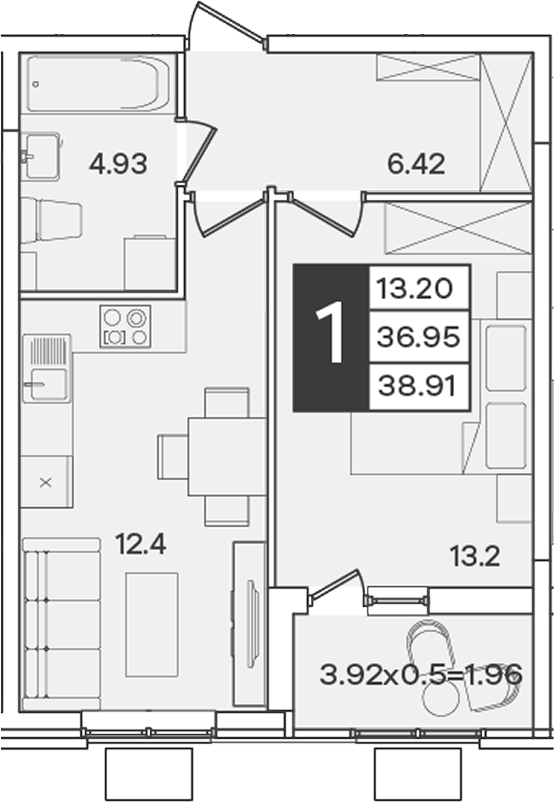 1-комн., 36.95 м², 2/9 этаж, ЖК «Сюжеты»