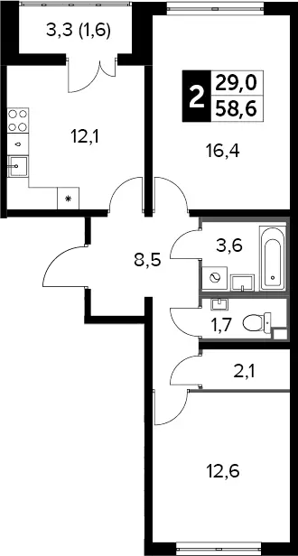 2-комн., 58 м², 9/24 этаж, ЖК «Южная Битца»