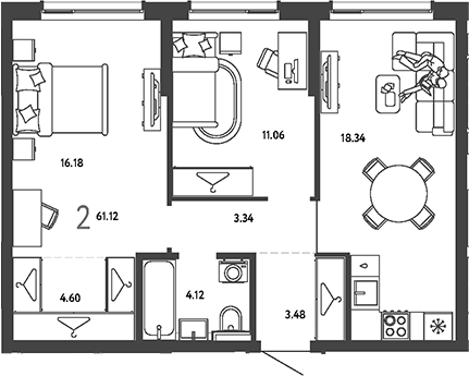 2-комн., 61.12 м², 15/18 этаж, ЖК «Страна.Парковая»