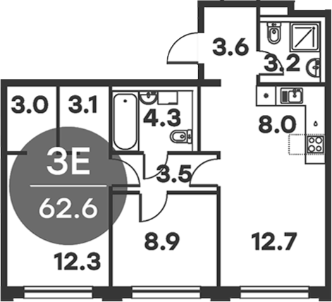 3-комн., 62.6 м², 3/6 этаж, ЖК «Равновесие»