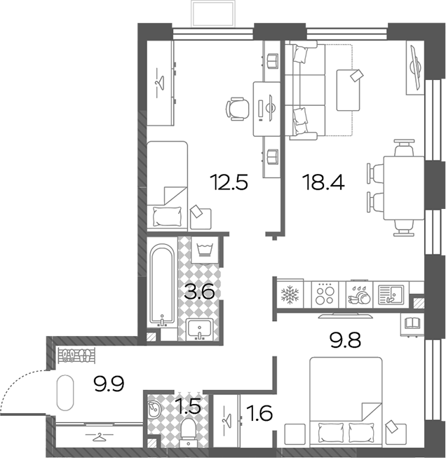 3-комн., 57.3 м², 23/24 этаж, ЖК «Лучи»