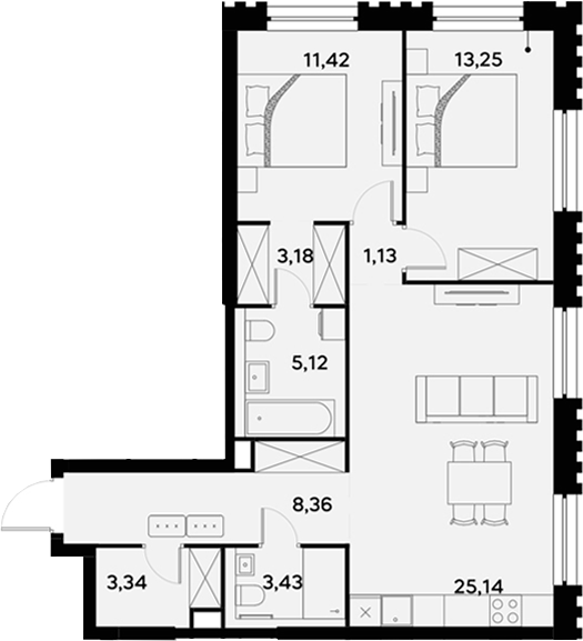 3-комн., 74.37 м², 31/52 этаж, ЖК «УЛЬТИМА Сити»