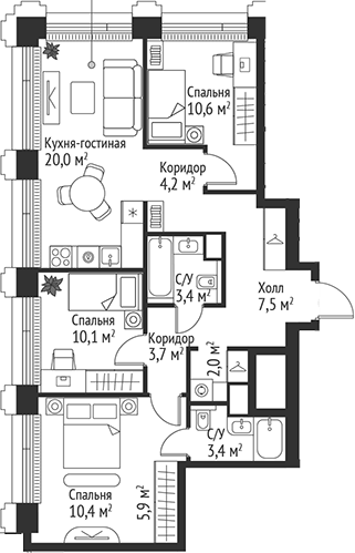 4+ комнаты, 81.2 м², 3/45 этаж, ЖК «СЕТ»